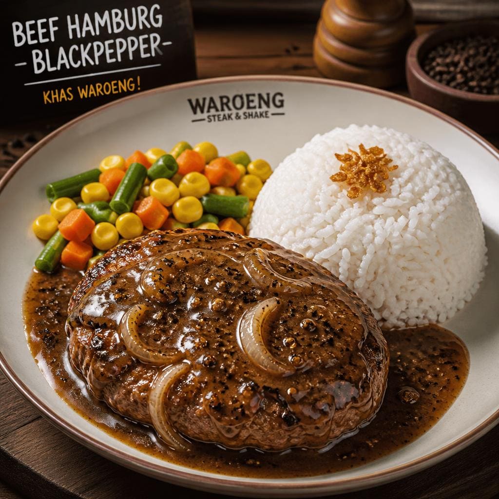 Beef Hamburg Blackpepper dengan daging hamburg lembut dan saus lada hitam